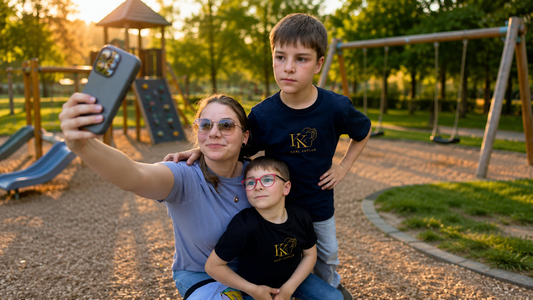 Mutter und zwei Kinder im Partnerlook auf dem Spielplatz